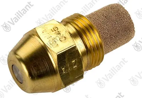 Vaillant Brennerdüse mit rundem, goldenem Gehäuse und porösem Filterelement, zur Verwendung in Heizsystemen. Gewinde am unteren Teil der Düse erkennbar.